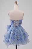 Grey Blue Strapless A-Line Ruched Short Cocktail Dress with Bow