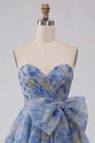 Grey Blue Strapless A-Line Ruched Short Cocktail Dress with Bow