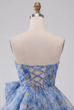 Grey Blue Strapless A-Line Ruched Short Cocktail Dress with Bow