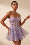 Lilac A Line Sheer Corset Strapless Short Cocktail Dress with Sequins
