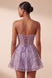 Lilac A Line Sheer Corset Strapless Short Cocktail Dress with Sequins