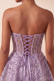 Lilac A Line Sheer Corset Strapless Short Cocktail Dress with Sequins