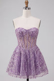 Lilac A Line Sheer Corset Strapless Short Cocktail Dress with Sequins
