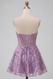 Lilac A Line Sheer Corset Strapless Short Cocktail Dress with Sequins