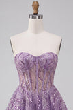 Lilac A Line Sheer Corset Strapless Short Cocktail Dress with Sequins