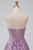 Lilac A Line Sheer Corset Strapless Short Cocktail Dress with Sequins