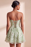 Sage Green A-Line Floral Embroidery Strapless Corset Short Homecoming Dress