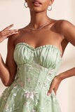 Sage Green A-Line Floral Embroidery Strapless Corset Short Homecoming Dress