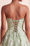 Sage Green A-Line Floral Embroidery Strapless Corset Short Homecoming Dress