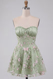 Sage Green A-Line Floral Embroidery Strapless Corset Short Homecoming Dress