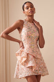 A-Line Round Neck Embroidered Floral Short Cocktail Dress with Ruffles