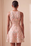 A-Line Round Neck Embroidered Floral Short Cocktail Dress with Ruffles