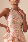 A-Line Round Neck Embroidered Floral Short Cocktail Dress with Ruffles