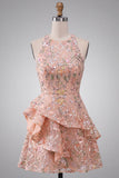 A-Line Round Neck Embroidered Floral Short Cocktail Dress with Ruffles
