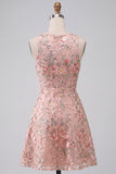 A-Line Round Neck Embroidered Floral Short Cocktail Dress with Ruffles