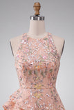 A-Line Round Neck Embroidered Floral Short Cocktail Dress with Ruffles