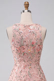 A-Line Round Neck Embroidered Floral Short Cocktail Dress with Ruffles