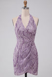 Sparkly Lilac Beaded Sequins Halter Backless Short Homecoming Dress