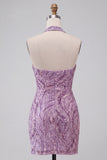 Sparkly Lilac Beaded Sequins Halter Backless Short Homecoming Dress