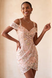 Blush Bodycon Cold Shoulder Floral Short Cocktail Dress with Embroidery