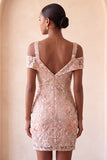 Blush Bodycon Cold Shoulder Floral Short Cocktail Dress with Embroidery