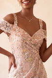Blush Bodycon Cold Shoulder Floral Short Cocktail Dress with Embroidery