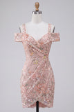 Blush Bodycon Cold Shoulder Floral Short Cocktail Dress with Embroidery