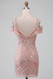 Blush Bodycon Cold Shoulder Floral Short Cocktail Dress with Embroidery