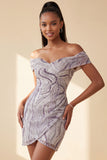 Glam Lilac Bodycon Off the Shoulder Sequins Short Cocktail Dress