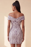 Glam Lilac Bodycon Off the Shoulder Sequins Short Cocktail Dress