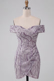 Glam Lilac Bodycon Off the Shoulder Sequins Short Cocktail Dress