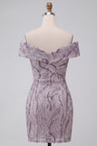 Glam Lilac Bodycon Off the Shoulder Sequins Short Cocktail Dress