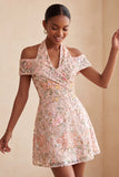 Floral Embroidered Sequin Cold-Shoulder Halter Short Cocktail Dress
