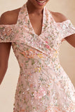 Floral Embroidered Sequin Cold-Shoulder Halter Short Cocktail Dress