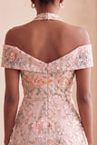 Floral Embroidered Sequin Cold-Shoulder Halter Short Cocktail Dress