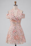 Floral Embroidered Sequin Cold-Shoulder Halter Short Cocktail Dress