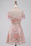 Floral Embroidered Sequin Cold-Shoulder Halter Short Cocktail Dress