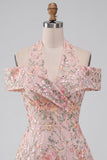 Floral Embroidered Sequin Cold-Shoulder Halter Short Cocktail Dress