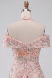 Floral Embroidered Sequin Cold-Shoulder Halter Short Cocktail Dress