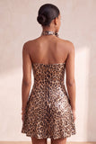 Sparkly Leopard Print Sequin Strapless Short Homecoming Dress with Rosette Choker