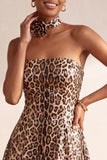 Sparkly Leopard Print Sequin Strapless Short Homecoming Dress with Rosette Choker