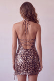 Leopard Print Bodycon Sequins Halter Short Cocktail Dress with Strings