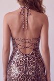 Leopard Print Bodycon Sequins Halter Short Cocktail Dress with Strings