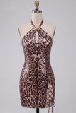 Leopard Print Bodycon Sequins Halter Short Cocktail Dress with Strings