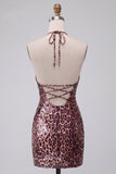 Leopard Print Bodycon Sequins Halter Short Cocktail Dress with Strings