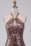 Leopard Print Bodycon Sequins Halter Short Cocktail Dress with Strings