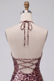Leopard Print Bodycon Sequins Halter Short Cocktail Dress with Strings
