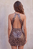 Sparkly Sequins Leopard Printed Bodycon Halter Keyhole Short Cocktail Dress