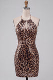 Sparkly Sequins Leopard Printed Bodycon Halter Keyhole Short Cocktail Dress