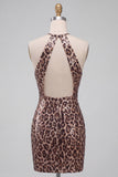 Sparkly Sequins Leopard Printed Bodycon Halter Keyhole Short Cocktail Dress